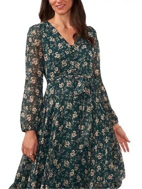 Vince Camuto Teal Floral V-Neck Long Sleeve Dress with Tie Waist